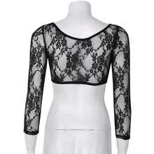 Women Summer Sexy Blouse, Lace Sheer Deep V-Neck Long-Sleeves Tight-Fitting Crop Top For Girls, Black/White - 黑色 - 查看 3