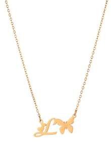 1pc Fashionable Stainless Steel Butterfly 26 Letter Pendant Necklace, Waterproof, Non-Fading, Lucky Letter, Gift, Daily Wear - Yellow Gold - View 17