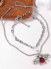 2pcs Faux Pearl Zirconia Insect & Animal Pendant Necklace, Women Fashion Jewelry Accessories
