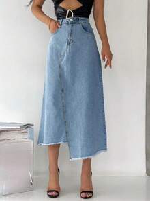 Loose Pockets Patchwork Frayed Hem Casual Denim Mini Skirt - Light Wash - View 3