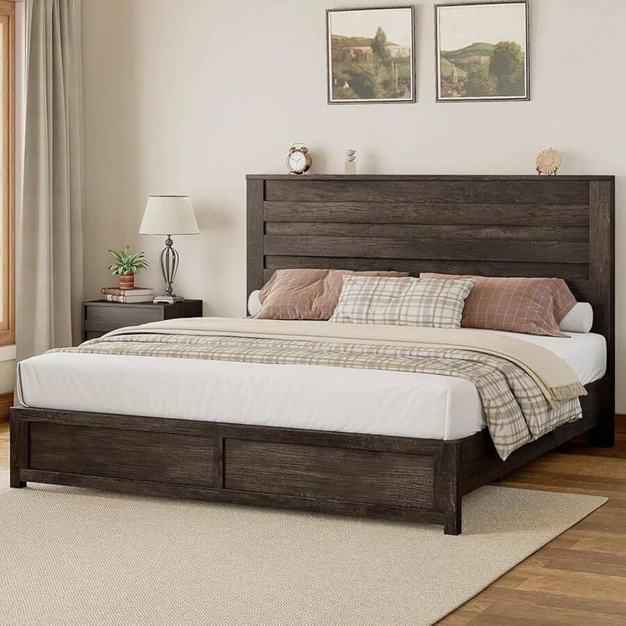 Farmhouse Wood Platform Bed Frame With 49" Fluted Headboard, Rustic Natural Grain Finish, Sturdy & Noise-Free, No Box Spring Required - Màu xám mộc mạc - Xem 1