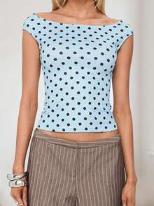 Womens Summer Short Sleeve Crop Tops Boat Neck Slim Fit T Shirts Polka Dot Y2K Going Out Blouses 1 Pcs 120g Rams 95%Polyester 5%Elastane Top - Màu xanh da trời - Xem 3
