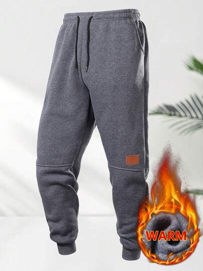 1pc Men's Fleece Lined Warm Sweatpants With Pockets And Drawstring, Contrast Color Leather Patch, Adjustable Waist, Cuffed Hem, Comfortable Fit