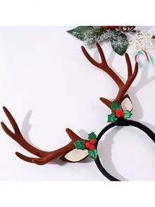 10-Zoll Weihnachts-Rentiergeweih-Haarband, Weihnachtsparty Foto-Requisite, braunes Hirschgeweih Deko mit grünen Blättern und roten Beeren, Weihnachtlicher Haarschmuck, Feier-Requisite, Partydekoration, geeignet für Weihnachten