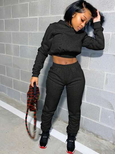 Autumn/Winter Solid Color Slim Fit Pocket Hoodie & Drawstring Hem Sweatpants Warm Suit