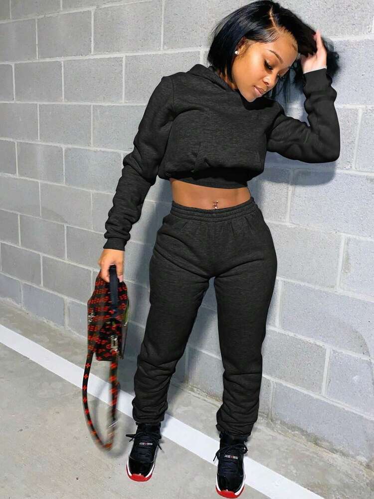 秋冬纯色修身口袋连帽衫和抽绳下摆运动裤保暖套装 - 黑色 - 查看 1