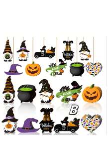 30pcs Vintage Halloween Wooden Hollow Hanging Ornaments, Includes Pumpkin Head, Bat, Ghost, Spider Web, Witch Hat And Other Dark Elements, Distressed Finish With Orange, Black, Purple Gradient Colors, Suitable For Halloween Tree Decoration, Home Party, Bar/Restaurant/Mall Atmosphere, Porch, Wall, Staircase Hanging Decor