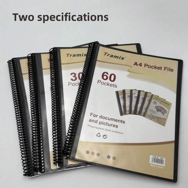 1 Foglio dati a spirale formato A4, versione trasparente, cartella con tasca per inserimento, 30/60 pagine - Foglio dati multistrato, raccolta di certificati, adatto per scuole e uffici