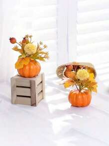 1 件，秋季南瓜装饰，带枫叶和浆果 - 逼真的人造盆栽植物，适合餐桌中心装饰、万圣节派对和感恩节