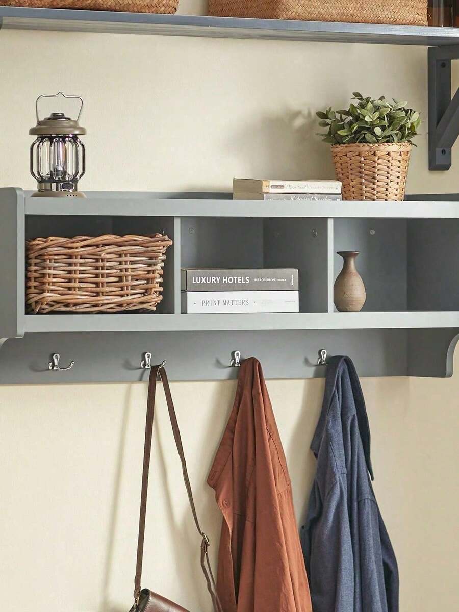 SoBuy FHK28-HG, Wall Coat Rack Wall Shelf Wall Storage Cabinet Unit With 3 Compartments 4 Hooks - Grey - View 1