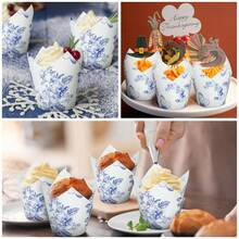 200 Pcs Chinoiserie Blue White Flower Tulip Cupcake Liners Paper Mini Baking Cups Cupcake Wrappers Muffin Liners For Wedding Tea Party Bridal Baby Shower Decoration