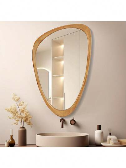 1pc Asymmetric Minimalist Wooden Frame Wall Mirror With Acrylic Surface, Asymmetrical Decorative Mirror For Bedroom, Living Room, Or Entryway – Easy To Hang On Walls