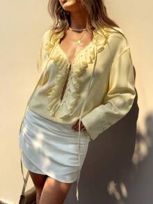 GLOpass Women's Elegant V-Neck Pleated Ruffle Trim Blouse