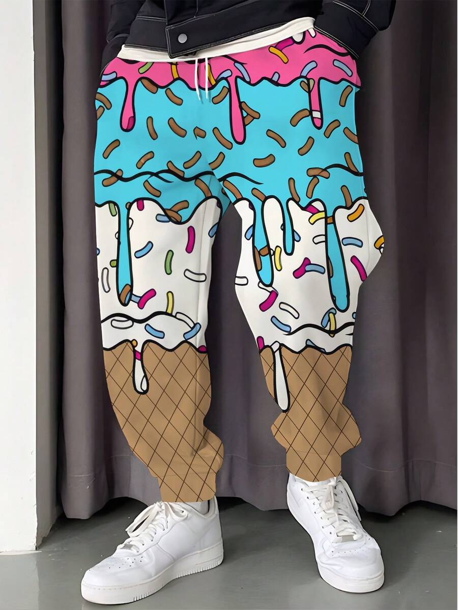 Men's Fashionable 3D Print Casual Pants With Elastic Drawstring And Pockets, Novelty & Stylish , Fall - Multicolor - View 1