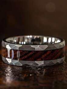 8mm Fashion Stainless Steel Rings For Men Vintage Hammered Silvery Whiskey Barrel Koa Wood Men Rings Jewelry Accessories Party Gift