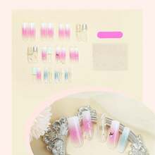 Long Coffin Press On Nails French Tip Fake Nails Ombre False Nails With 3D Butterfly Designs Pink Smudge Artificial Nails Glossy Glue On Nails Summer Stick On Nails For Women 24Pcs - 長款-C5C7 - 查看 3