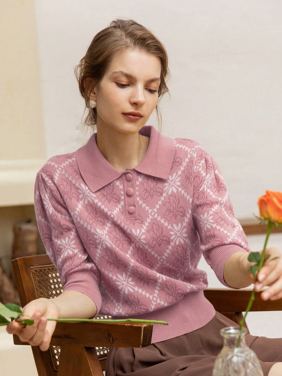 Simple Retro Áo len dệt kim họa tiết hoa diên vĩ Ariana theo phong cách tối giản cổ điển.