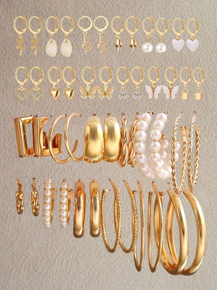 48pcs/Set Minimalist Cute Heart, Butterfly, Flower, Snake Lock, Mushroom, Shell Rhinestone Earrings Set, Gift For Women, Daily Wear - Yellow Gold - View 1