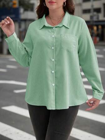 Plus Size Striped Front Button Pocket Elegant Everyday Dress