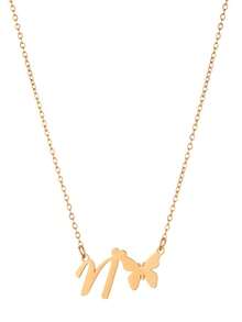 1pc Fashionable Stainless Steel Butterfly 26 Letter Pendant Necklace, Waterproof, Non-Fading, Lucky Letter, Gift, Daily Wear - Yellow Gold - View 16