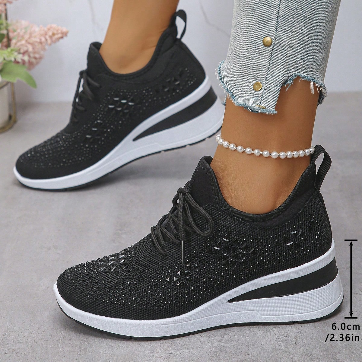 Zapatillas deportivas de estilo nuevo para mujer en otoño/invierno con cordones, con strass, cuña, suela gruesa, transpirables y cómodas para corre