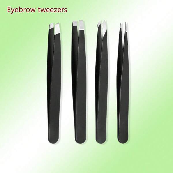 4 Pcs Precision Tweezers Set For Eyebrows,Black Stainless Steel Eyebrow Tweezers, Flat Mouth, Slanted Mouth, Pointed Nose Clip, Eyebrow Trimming, False Eyelash Grafting, Beard Pulling Tool