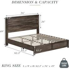 Farmhouse Wood Platform Bed Frame With 49" Fluted Headboard, Rustic Natural Grain Finish, Sturdy & Noise-Free, No Box Spring Required - Màu xám mộc mạc - Xem 5