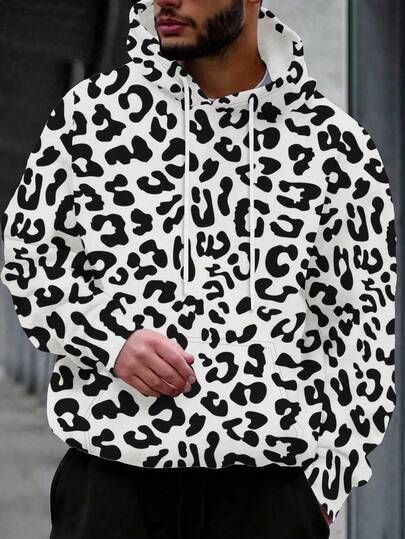 男士 3D 印花时尚新颖图案连帽长袖运动衫，秋冬男士套头连帽衫，带抽绳和口袋