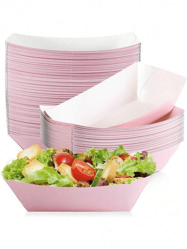 100 piezas de bandejas de alimentos con forma de barco de color rosa - Bandejas de servir de papel kraft con forma de barco para tacos, papas fritas, pasteles, bocadillos, frutas, aperitivos, platos de comida para fiestas festivas, adecuados para cumpleaños, Navidad, Acción de Gracias, Halloween (10/50/100 piezas)