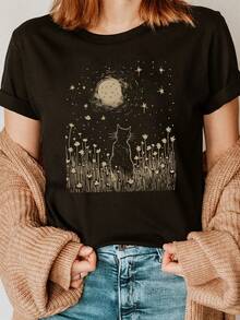 1 Piece Women's Cotton T-Shirt With Cat And Moon Halloween Print, Round Neck Short Sleeve Casual Top, Slightly Stretchy Knit Fabric, Regular Length - All Year - 黑色 - 查看 1