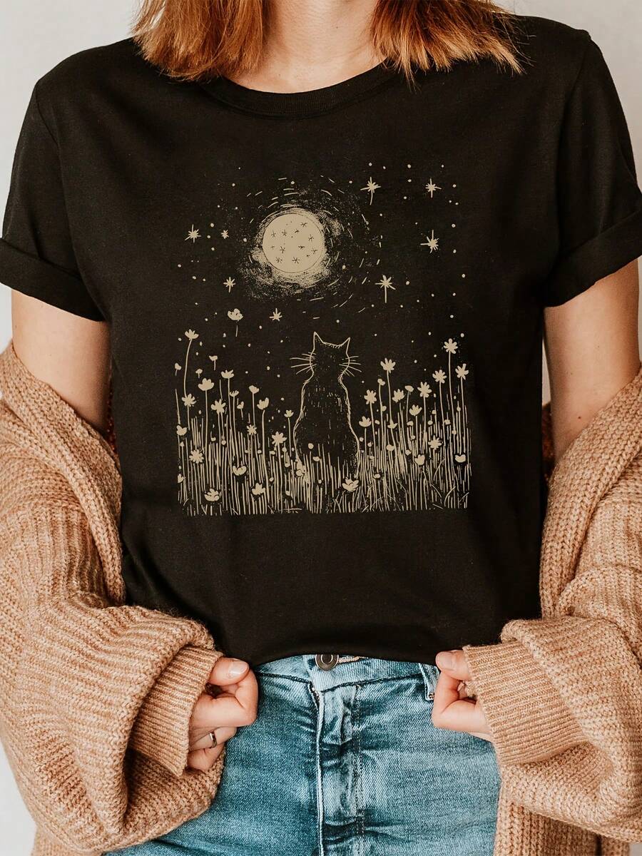 1 Piece Women's Cotton T-Shirt With Cat And Moon Halloween Print, Round Neck Short Sleeve Casual Top, Slightly Stretchy Knit Fabric, Regular Length - All Year - 黑色 - 查看 1