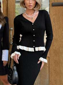 Cárdigan de punto con puños con volantes de color contrastante para mujer, para otoño/invierno, blusas de manga larga de otoño, elegante en color blanco y negro