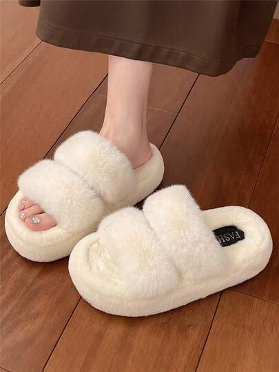 2025新款女士冬季时尚厚底高跟毛绒拖鞋，适合户外穿着，秋季新款仙女风格短款女孩休闲增高厚底拖鞋，居家/办公室拖鞋，尺码34-42