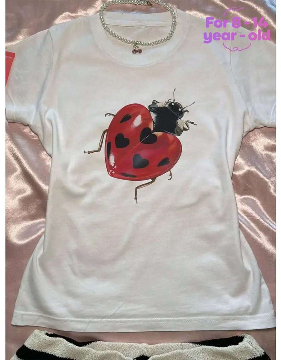 Teen Girl Clothes Y2K Style, Ladybug Animal Print Short Sleeve Tee, Teen Shirts Girls Clothes, Round Neck Breathable Fabric, Teen Girl Outfits Adorable Teen Girl Gifts - trắng - Xem 1