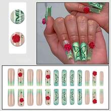 Square Press On Nails Long Fake Nails Green Sparkly Butterfly False Nails With 3D Rose Designs French Tip Nail Press Ons Glossy Acrylic Artificial Nails For Women 24Pcs - 長款-C5C47 - 查看 4