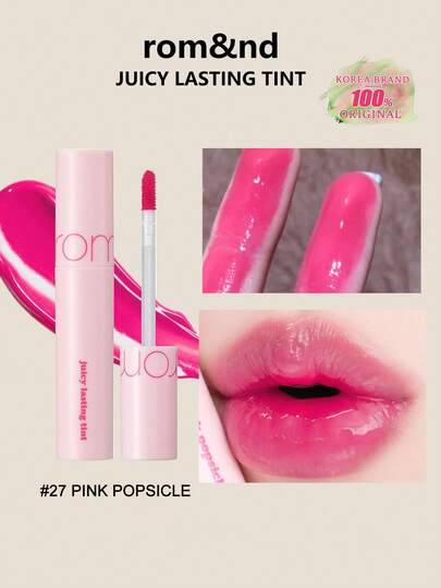 Rom&nd Romand Juicy Lasting Tint 27 Popsicle Pink, 5,5g/0,2oz, Rouge à lèvres liquide Romand, effet maquillage brillant et hydratant, teinture à lèvres coréenne, couleur longue tenue, MLBB (My Lips But Better), hydratant, forte pigmentation, crée un maquillage naturel et transparent, teinture à lèvres quotidienne, cosmétiques coréens, coffret cadeau