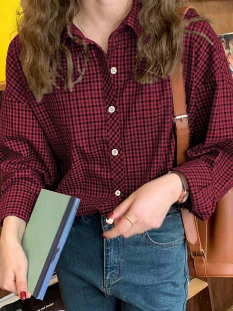 Camisa a cuadros casual/de trabajo para mujer de talla grande, con cuello clásico, cierre de botones delantero y longitud regular - Rojo - Añade 2