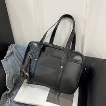 Bolso de mano minimalista de estilo oficinista, bolso de mano de mujer de moda en PU, bolso de hombro de gran capacidad de unicolor y personalizado para el trabajo - Negro - Ver 2