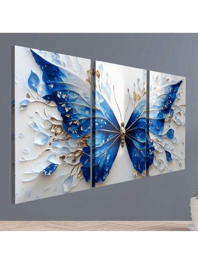 kit Quadro Decorativo 3 Peças Borboleta Azul luxo Sala, Quarto, Escritório