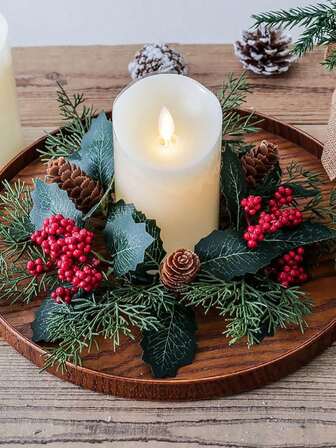 1pc Christmas Candle Holder Wreath With Artificial Cedar, Snow-Dusted Pine Needles, And Red Berries, Fake Flower Wreaths, Plastic Winter Season Decor, For Tabletop Display, Holiday Centerpiece For Christmas, Thanksgiving, Wedding And Home Winter Celebrations Home Decor Christmas Decorations Room Decor