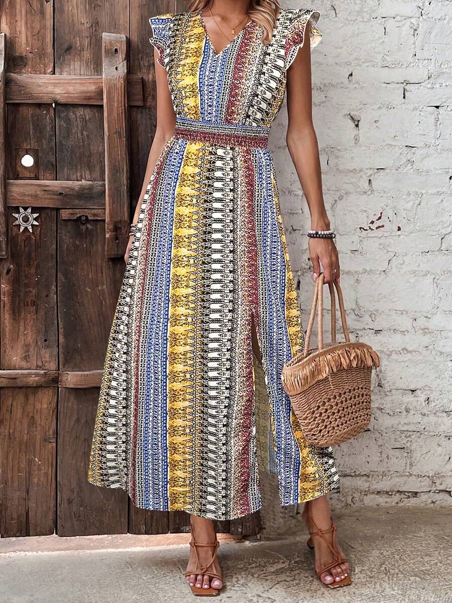 Women Summer Side Split Dress Flying Sleeve V Neck Pattern Print Dress For Party Club - 黃色 - 查看 1