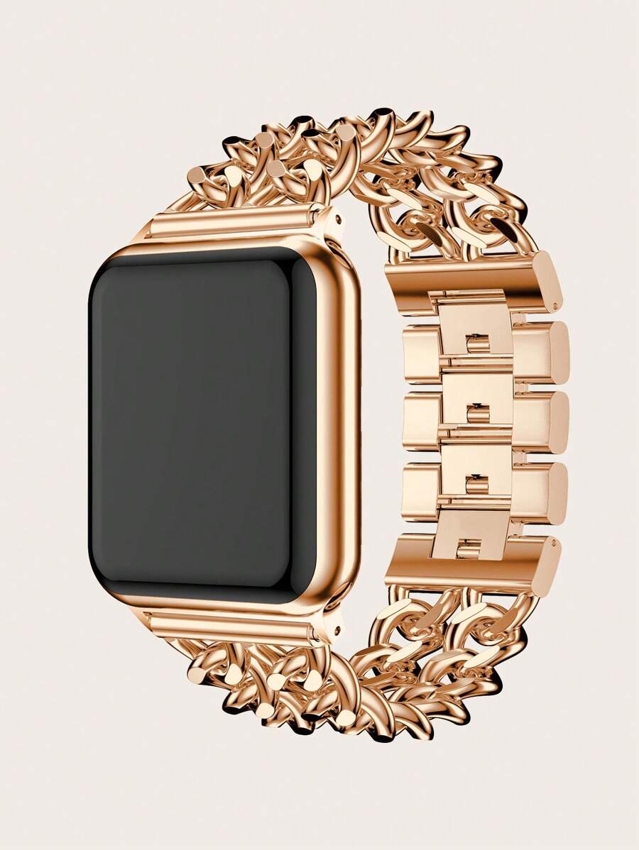 1pc Solid Color Women's Double Strap Rhinestone Double Chain Stainless Steel Band Compatible With Apple Watch Series 8/7/6/5/SE 38/40/41/42/44/45/49mm