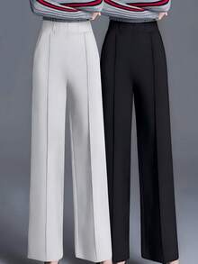 2 piezas Pantalones de mujer de unicolor con bolsillos elegantes y elásticos de cintura alta, aptos para el trabajo y la oficina, para uso diario, todo el año