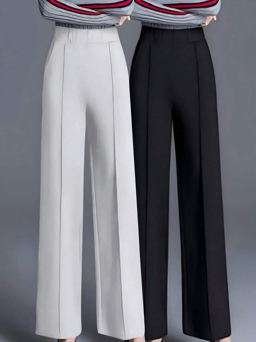 2 piezas Pantalones de mujer de unicolor con bolsillos elegantes y elásticos de cintura alta, aptos para el trabajo y la oficina, para uso diario, todo el año