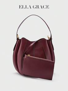 ELLA GRACE-Burgundy Premium Leather Bucket Bag With Matching Zippered Wallet - Elegant & Practical For Daily And Casual Use, Fashionable Burgundy Bag - Burgundy - View 9