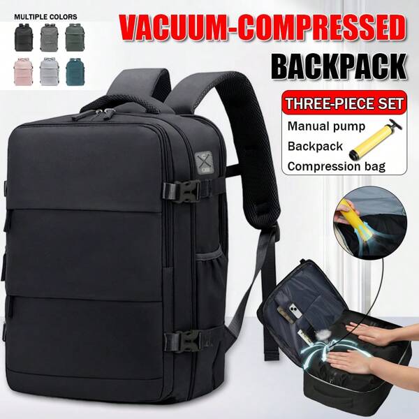 Travel Vacuum Compression Luggage Backpack Set With Vacuum Pump - Suitable For Men And Women, Short-Distance Business Trip, Student Backpack And Travel Outdoor First Choice Backpack, With Laptop Compartment And Multiple Pockets Design Travel Essentials Holiday Vacation Bag Luggage Suitcase Travel Bag For Women