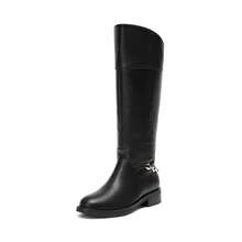 Women's Flat Round Toe Knee High Boots Low Block Heel Side Zipper Boots Fashionable Comfortable Chain Decorated Boots For Fall And Winter - 黑色 - 查看 3