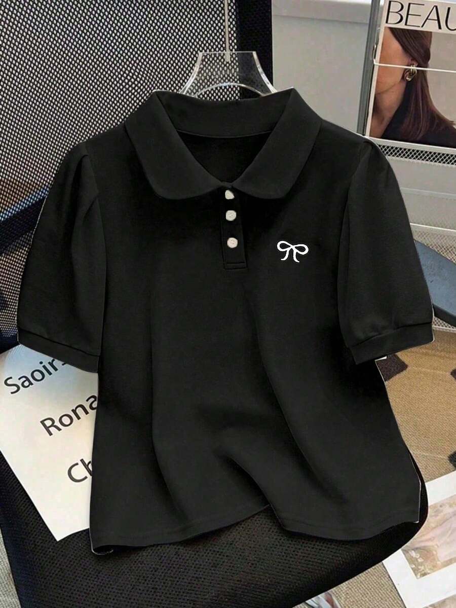 少女蝴蝶结刺绣返校短袖校服T恤,沙特阿拉伯国庆节 - 黑色 - 查看 1