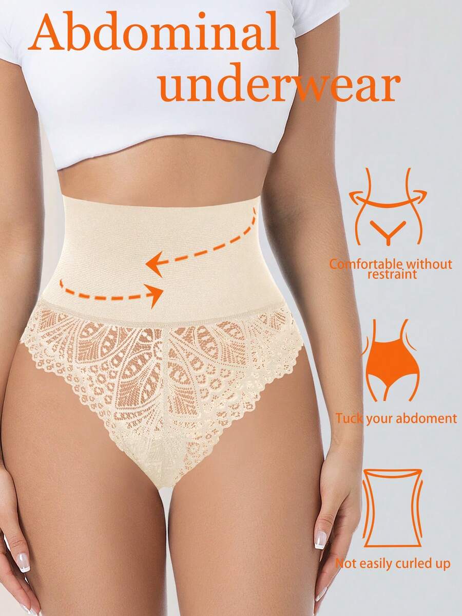 High Waist Lace Panties, Solid Color Transparent Shapewear