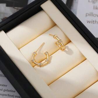 1 Pair 18K Gold Plated Copper Zirconia C-Shape Bamboo Knot Hoop Earrings, Lightweight Luxury Fashion Earrings, European And American Cross-Border Jewelry